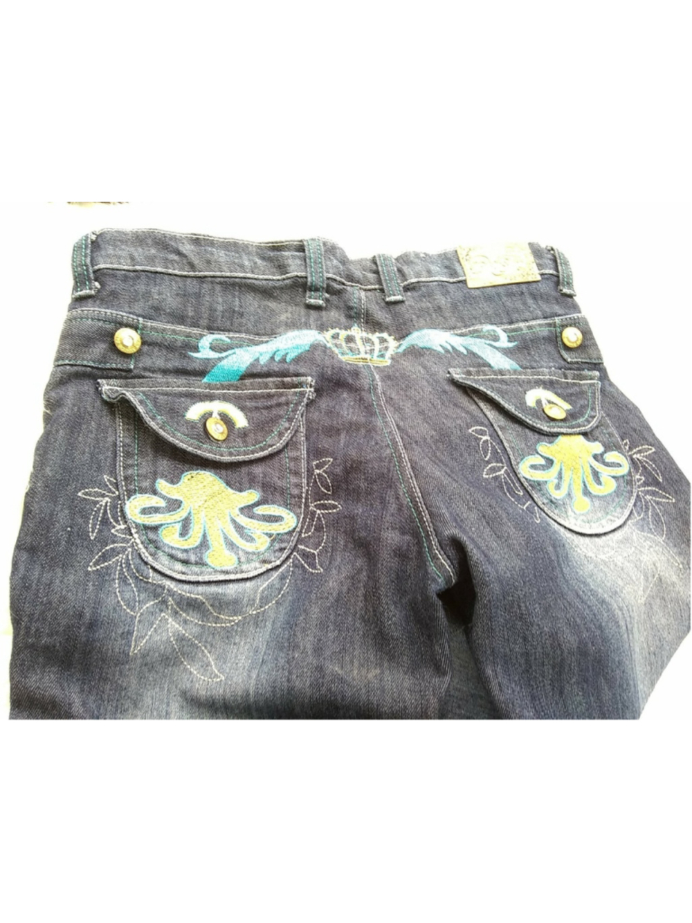 OLD SKOOL Womens Juniors Denim Jeans SIZE 15 Embellished Teal & Gray Stitching - Picture 3 of 12